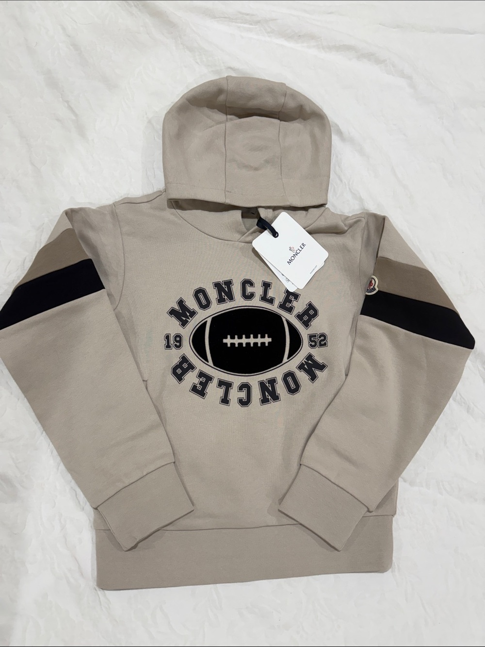 Moncler Boys Hoodie with Black Football Logo and Sleeve Stripes